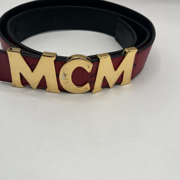 MCM Claus Red Visetos 24k Rolled Gold Buckle Belt Logo On Leather AS IS DAMAGED - Picture 5 of 16